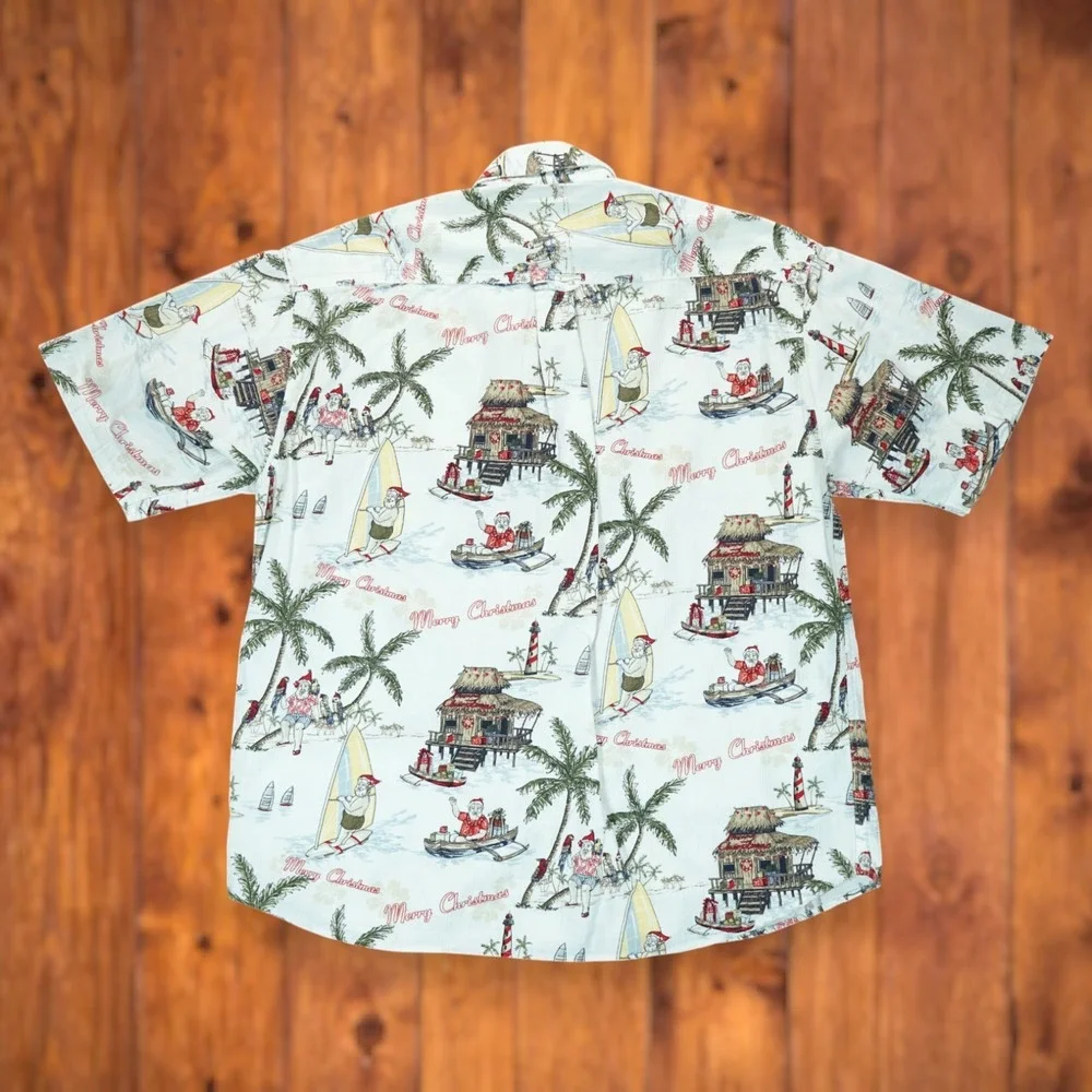 Clearwater Mens Santa Print Button Shirt Short Sleeve Large Nautical Vacation‎